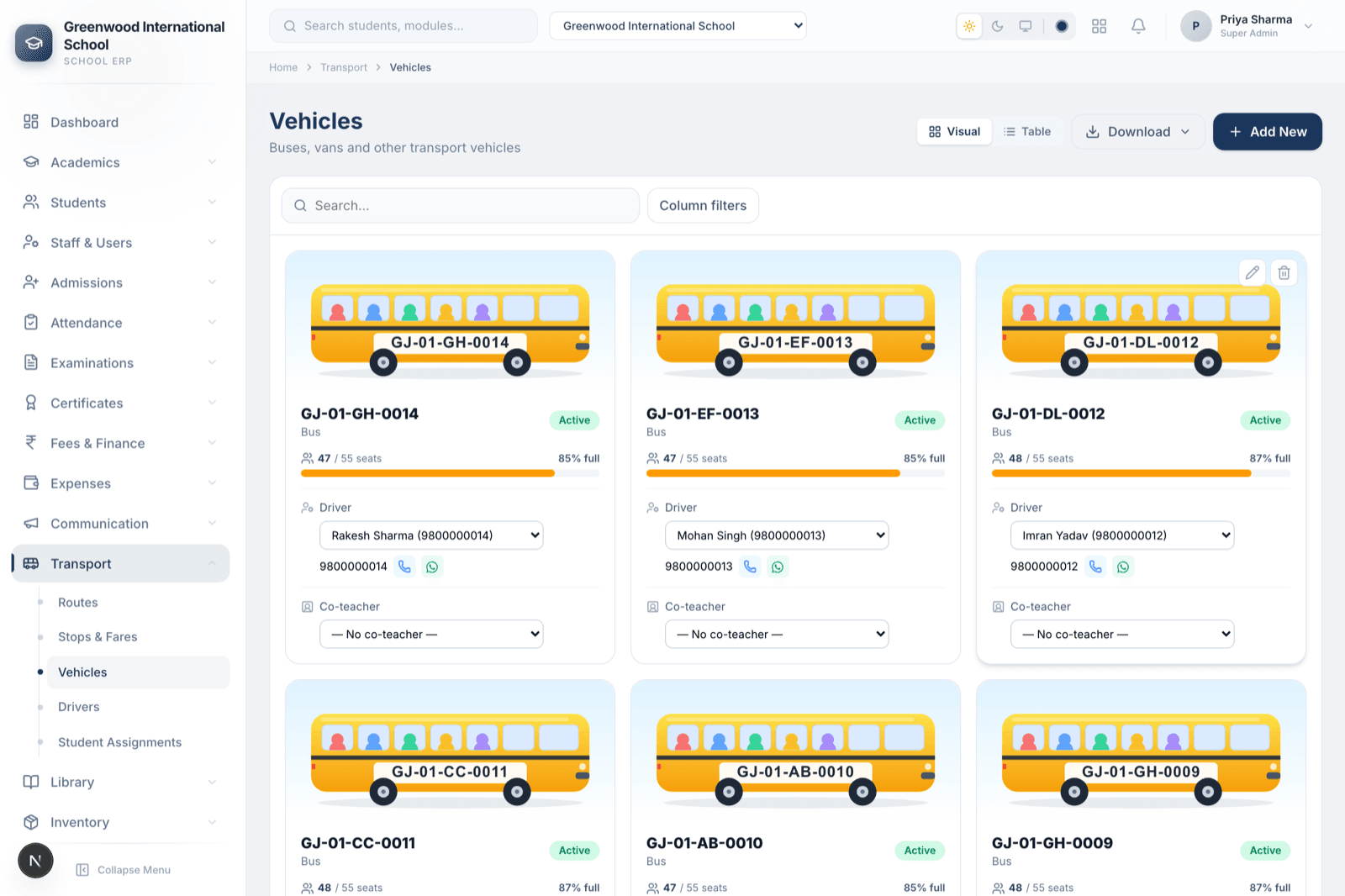 eDarpan School ERP — Fleet & vehicles