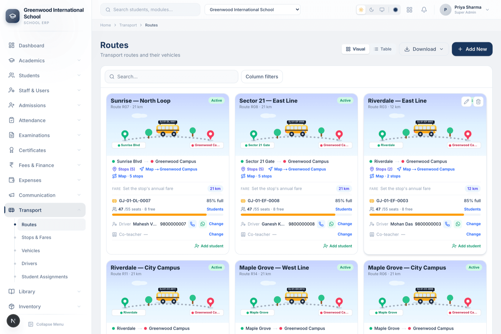 eDarpan School ERP — Transport routes & live tracking